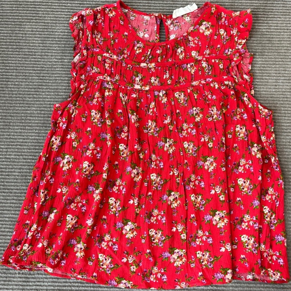 Everleigh Womens‎ Red Floral Ruffle Sleeveless Blouse Top Size Large